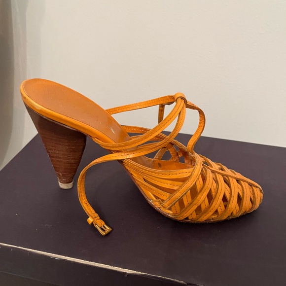 Prada | Orange Basketweave Ankle wrap Wooden Heels - Picture 2 of 6